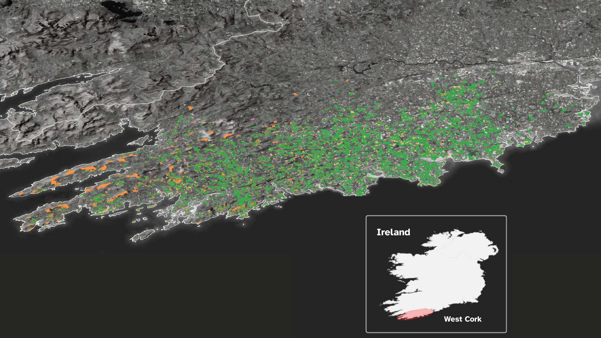 Carbery supplier farms mapped from above, habitats in colour